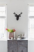 Vase of proteas and crockery on grey, vintage cabinet below black, stylised hunting trophy on wall
