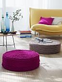 Crocheted floor cushions in purple and beige