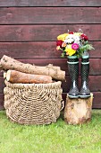 Basket of firewood next to flowers in wellington boots