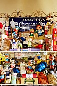 Italian speciality pasta, colourful, vintage comic figurines and enamel advertising signs
