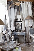 Sales room decorated with home accessories in restored country house with vintage ambiance