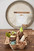 Rustikal dekorierte Eierschachtel, gefüllt mit Nüssen, Pilzen und Blumenknollen
