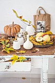 Collection of white ceramic vases, autumn leaves, fruits and pumpkins on rustic wooden table