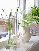 Lavendelblüte in Vintage Glasflasche und weisser Porzellankrug mit Schafgarbe auf Fensterbank