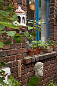 Ceramic tealight holder and head sculpture on old brick wall with blue window frames and potted geraniums on windowsill