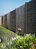 Wooden fence with alternating horizontal and vertical board panels behind flowering plants in garden