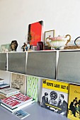 Collectors' items on top of wall-mounted cabinets above books on surface