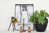 Retro table lamp, brass candlestick, house plant in black wicker pot and poster