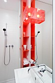 Sink mounted on mirrored panel, orange shelves of toiletries and shower head in shower area of studio apartment