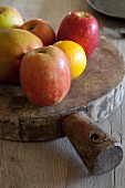 Äpfel, Mango und Zitrone auf einem rustikalen Holzbrett mit Griff