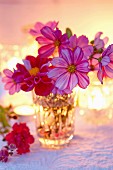 Crystal vase of cosmos and dahlias backlit by candlelight