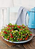 Wreath of red chilli peppers on dish on vintage kitchen table