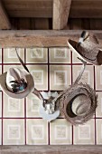 Various hats hung from antlers on wallpapered wall
