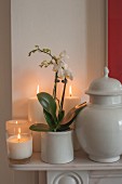Tealight holder, white pillar candles, orchids and ceramic pot with lid on mantelpiece