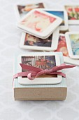 Hand-crafted photo coaster on gift box
