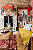 Retro furniture and brick wall in living room