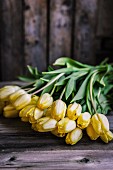Gelbe Tulpen auf rustikaler Holzunterlage