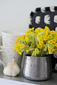 Bouquet of cowslips in silver metal vase