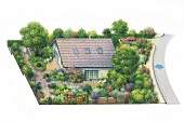 Perspektivische Zeichnung eines Gartens mit Wohnhaus