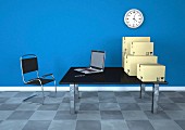 Büroraum mit blauen Wänden, Wanduhr, Laptop & Kartonagen auf Tisch