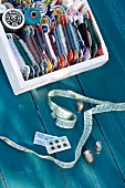 Sewing utensils & various sewing threads in wooden box