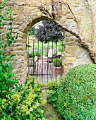Box ball next to arched doorway in stone wall