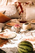 Romantisches Picknick mit Tellern und Blüte auf Tischdecke, im Vordergrund Wassermelone