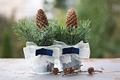 Two zinc buckets decorated with ribbons, spruce twigs and pine cones next to larch cones on surface