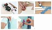 Instructions for making a blue plywood tree-shaped child's coat rack with colourful flower-shaped pegs