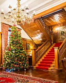 Opulent Christmas tree in grand hall