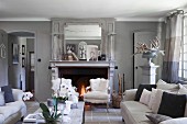 Open fireplace in French-style living room