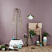 Various house plants in front of lilac wall
