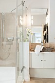 Shower with glass partition and washstand with white base unit in modern bathroom