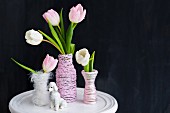 Tulips in vases covered in cord and poodle ornament