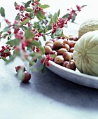 Sprig of red berries, gooseberries and melons on dish