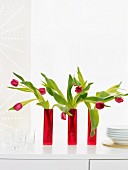 Drei schmale Vasen mit Tulpen als Tischdeko