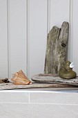 Rubber ducky on driftwood and seashell on edge of bathtub
