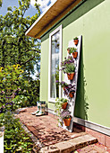Wandpaneel mit Blumentöpfen an grüner Hauswand im Garten