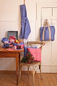 Kitchen accessories hand-made from red and blue checked linen