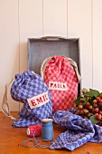 Sandwich bags hand-sewn from red and blue checked fabric