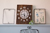 Clock made from old piece of wood, numbers and doily