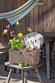 Flowers in rustic wooden crate with chicken wire on farmhouse chair