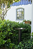 Birdbath amongst ferns and ivy outside country house