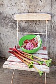Rhubarb stalks and green bowl on garden chair