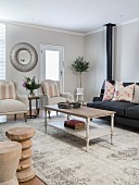 Various upholstered furniture in elegant living room