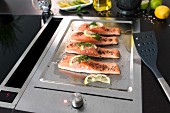 Salmon fillet with dill and lemon on a stainless steel grill platter