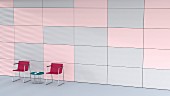 Wartebereich mit zwei Stühlen vor pastellfarbenen Wandpaneelen, 3D-Rendering