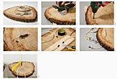 Instructions for making a bedside table from ropes and slice of tree trunk