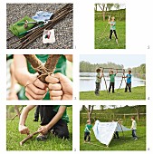 Making a play tent from branches and sheet