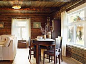 Farmhouse furniture in rustic living room of wooden house